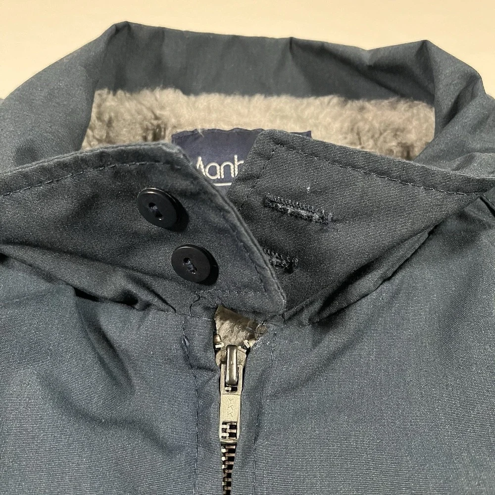 Vintage Manhattan Jacket Mens 2XL Blue Sherpa Lined Full Zip Bomber USA Made 80s